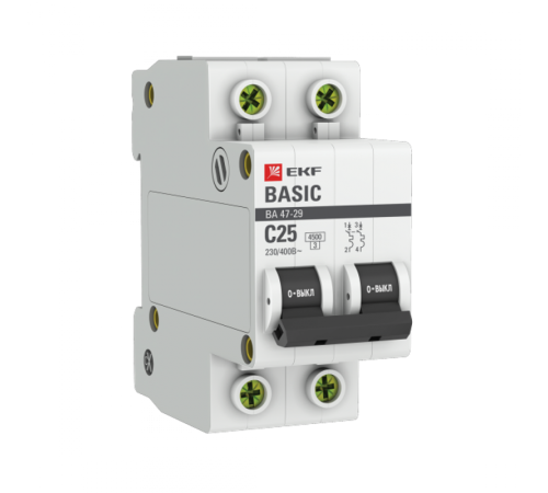 Выключатель автоматический двухполюсный ВА 47-29 25А C 4,5кА Basic  mcb4729-2-25C  EKF