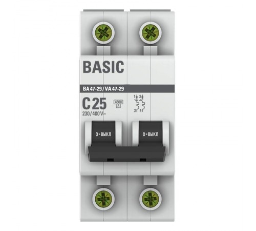 Выключатель автоматический двухполюсный ВА 47-29 25А C 4,5кА Basic  mcb4729-2-25C  EKF
