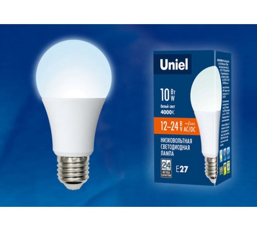 Лампа светодиодная LED-A60-10W/NW/E27/FR/12-24V PLO55WH LED низковольная 12-24В, "груша", мат., 4000К  UL-00002381  Uniel