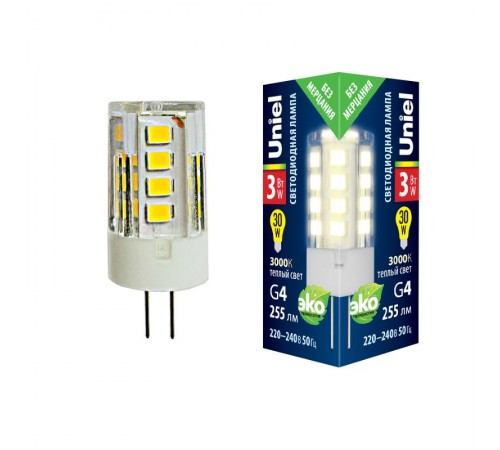 Лампа светодиодная LED-JC-220/3W/3000K/G4/CL GLZ09TR LED, прозр 3000К  UL-00006742  Uniel