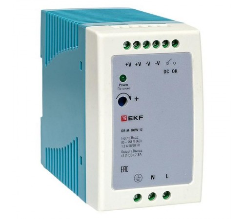 Блок питания на дин рейку 100Вт,Uвх ~ 220 В AC m, Uвых - 12 В DC постоянного тока DR-M-100W-12 EKF