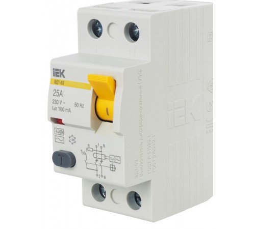 Выключатель дифференциальный (УЗО) ВД1-63 2п 25А 100мА тип AC  MDV10-2-025-100  IEK