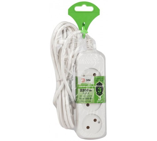 Удлинитель электрический ЭРА UDL-10-330 Greenline 3 розетки без заземления 3м ПВС 2x0.75мм2   Б0065072  ЭРА