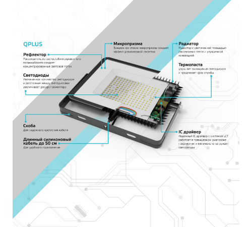 Прожектор светодиодный  Qplus 50W 6000lm 3000K 175-265V IP65 черный LED 1/10  613511150  Gauss