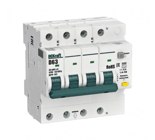 Выключатель автоматический дифференциального тока АВДТ 3P+N 63А 30мА AC х-ка D ДИФ-103 6кА  16515DEK  DEKraft