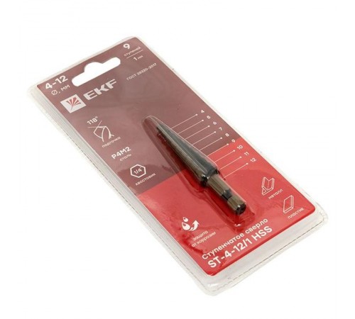 Ступенчатое сверло ST-4-12/1 HSS (9 ступ.)  ST-4-12/1  EKF