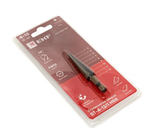 Ступенчатое сверло ST-4-12/1 HSS (9 ступ.)  ST-4-12/1  EKF