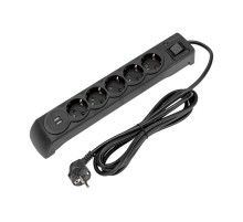 Фильтр сетевой 5 гнезд, 3м, 3х1,5мм, с автовыкл, 2 USB, черный  13-4702  Kranz