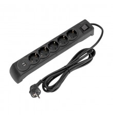 Фильтр сетевой 5 гнезд, 3м, 3х1,5мм, с автовыкл, 2 USB, черный  13-4702  Kranz