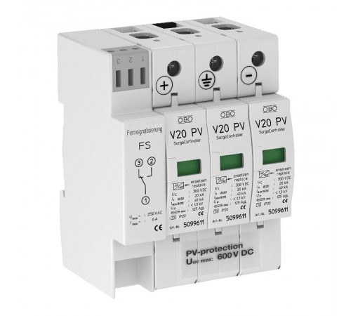 Устройства защиты от импульсных перенапряжений УЗИП для фотогальванических сетей 3 пол. (Класс II), 600 В (V20-C 3PHFS-600)  5094576  OBO Bettermann