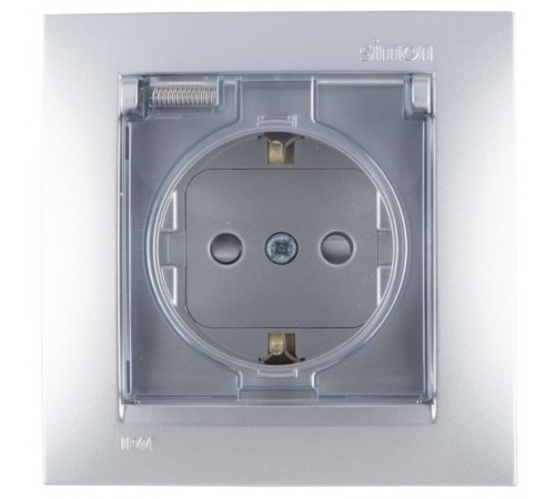 Simon 15 Алюминий Розетка с/з Schuko со шторками, с крышкой, IP44, 16А 250В, винт. зажим  1590450-033  Simon