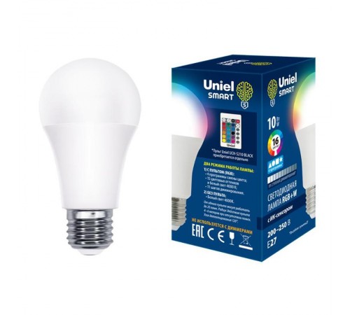 Лампа светодиодная LED-A60-10W/RGB/E27/REG PLS21WH LED с ИК сенсором. "груша", мат.. RGB свет. Пульт ДУ (н/к)  UL-00006530  Uniel