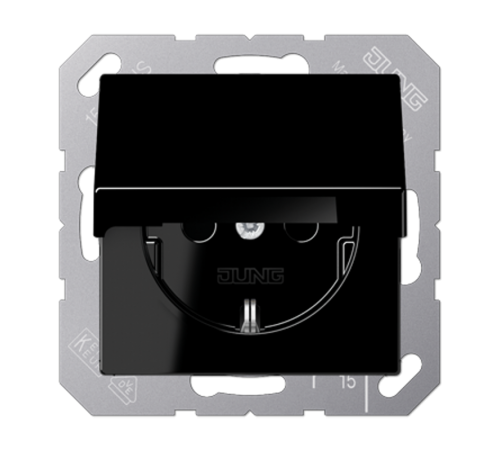 Штепсельная розетка SCHUKO 16А / 250В с подпружиненной откидной крышкой, возможно IP44, пружинные зажимы; дюропласт; черный; A500  A1520KLSW  Jung