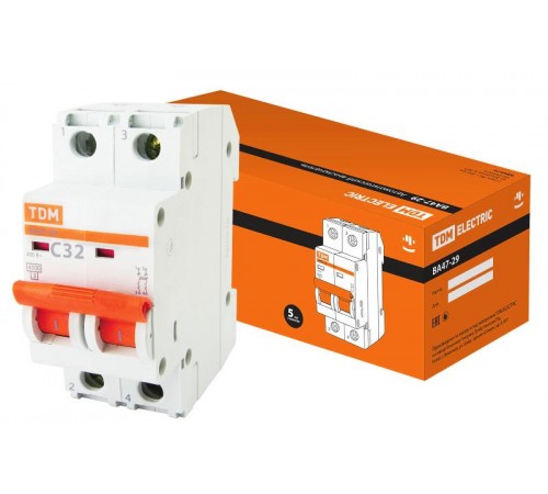 Выключатель автоматический двухполюсный ВА47-29 32А C 4,5кА  SQ0206-0096  TDM