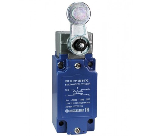 ВП 36-2116М-66 У2, рычаг со стальным роликом, 1з+1р, безинерционный, 30х60 мм, без сальника, 3А, IP66, выключатель путевой  ET007265  Электротехник