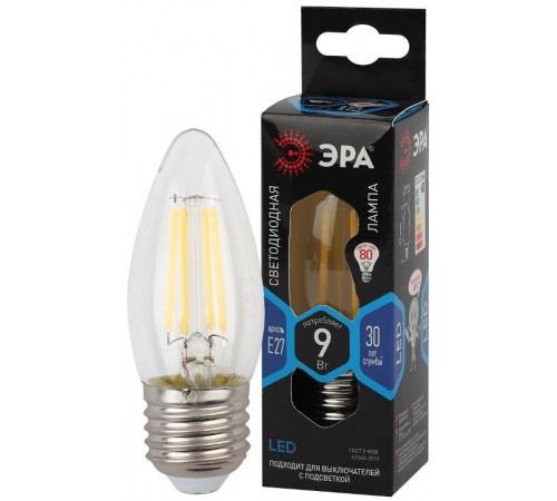 Лампа светодиодная F-LED B35-9w-840-E27 (филамент, свеча, 9Вт, нейтр, E27)  Б0046997  ЭРА