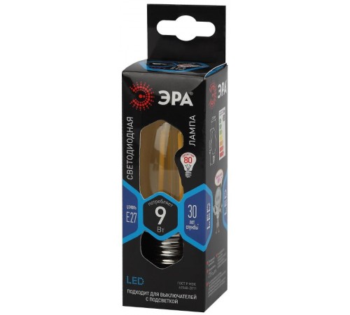 Лампа светодиодная F-LED B35-9w-840-E27 (филамент, свеча, 9Вт, нейтр, E27)  Б0046997  ЭРА