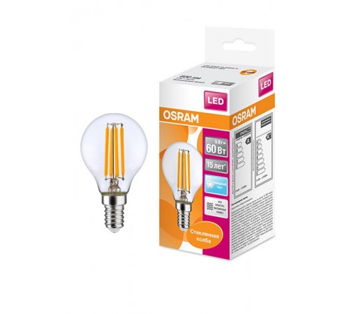 Лампа светодиодная филаментная LED STAR Classic P 5W, прозрачная колба, Е14 LSCLP60 CL 5W/840 230V FILE1410X1RU  4058075212480  Osram