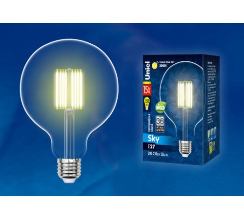 Лампа светодиодная LED-G125-15W/3000K/E27/CL PLS02WH LED. "шар", прозр.3000K Серия Sky  UL-00004860  Uniel