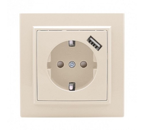 Розетка 1-местная СП с/з Минск 16А бежевая с защ. штор. с USB 1А EKFERR16-028-200-USBEKF