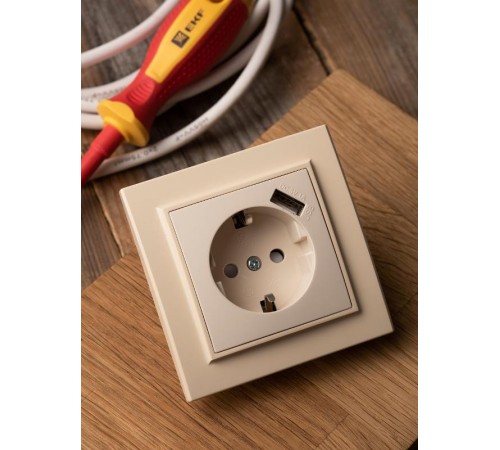 Розетка 1-местная СП с/з Минск 16А бежевая с защ. штор. с USB 1А EKFERR16-028-200-USBEKF