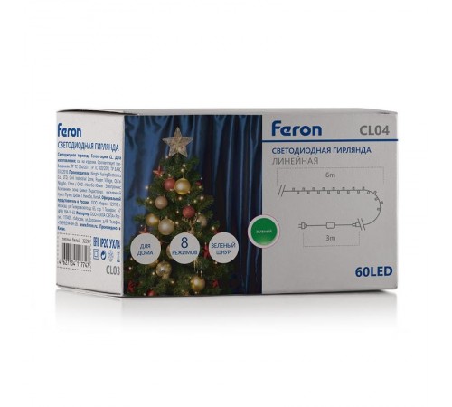 Светодиодная гирлянда CL04 линейная 6м +1.5м 230V зеленый с питанием от сети  32299  Feron