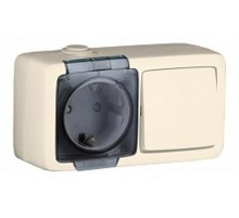 Блок открытой установки, брызгозащищенный, розетка с заземляющим контактом и шторками+одноклавишный выключатель, слоновая кость  БА 16-221-01  HEGEL