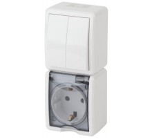 Блок розетка+выключатель 2-клавишный вертикальный IP54, 16A(10AX)-250В, ОУ, 11-7408-01 Эра Эксперт, Белый  Б0036006  ЭРА