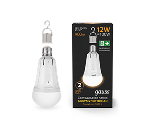 Лампа светодиодная A80 12W 900lm 3000K Е27 авар. с Li-Ion аккумулятором  102002112  Gauss