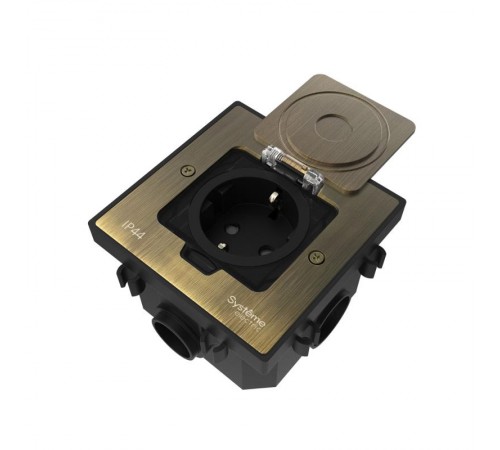 MultiDesk Лючок с розеткой 2К+З, 16А/250В, IP44 с монтажной коробкой для бетонных полов Античная латунь, тип MDK21  MDK21202BC  SE