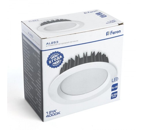 Светильник светодиодный встраиваемый AL253, 12W, 1080Lm, 4000K, 90 градусов, белый  32625  FERON