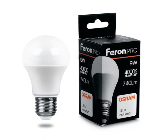 Лампа светодиодная .PRO LB-1009 Шар E27 9W 4000K OSRAM LED  38027  Feron