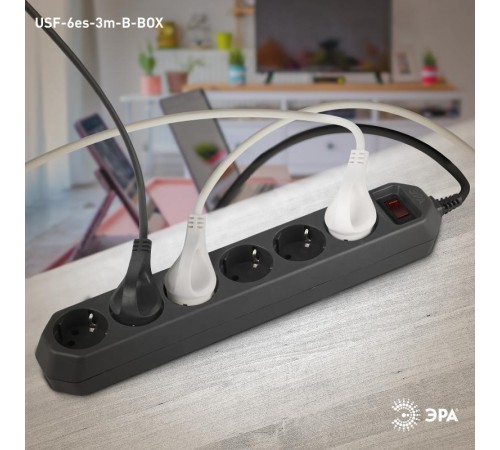 Сетевой фильтр USF-6es-3m-B-BOX базовая защита, с/з, с выкл, 6гн, 3м, ПВС,  10А,  Б0037263  ЭРА