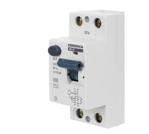 Выключатель дифференциальный (УЗО) ВД1-63 2п 50А 30мА тип AC  MDV15-2-050-030  GENERICA