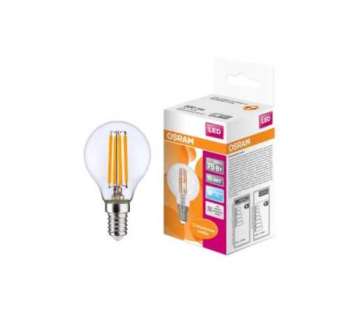 Лампа светодиодная филаментная LED STAR Classic P 6W, прозрачная колба, Е14 LEDSCLP75 6W/840 230V FIL E1410X1RU  4058075218178  Osram