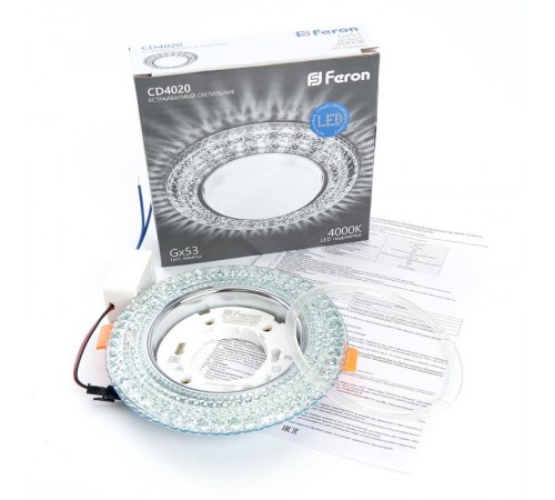 Светильник потолочный встраиваемый под лампу GX53 CD4020 20LED*2835 SMD 4000K, 15W GX53, без лампы, прозрачный, хром  29473  FERON