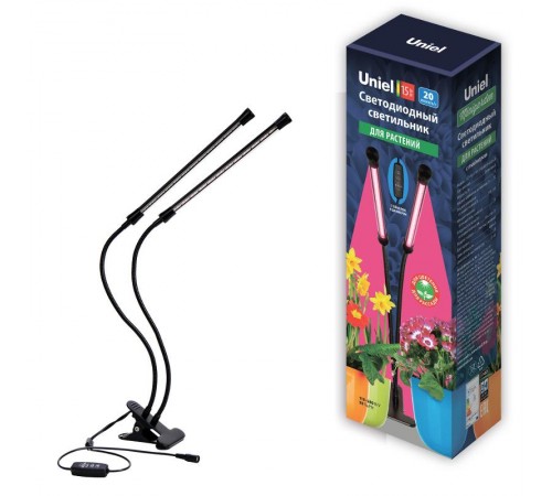 Светильник светодиодный для растений с таймером, на прищепке ULT-P33-15W/SPSB/TM IP40 BLACK спектр для рассады и цветения  UL-00004735  Uniel