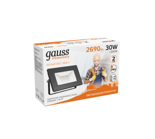 Прожектор светодиодный Gauss LED 30W 2000lm IP65 3000К черный  613527130  Gauss