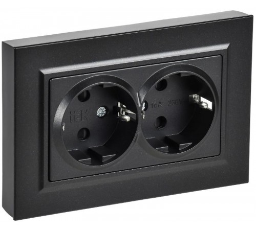 BRITE Розетка 2-местная с заземлением с защитными шторками плоская 16А в сборе РСшПл12-3-БрЧ черный   BR-R28-16-K02-F  IEK