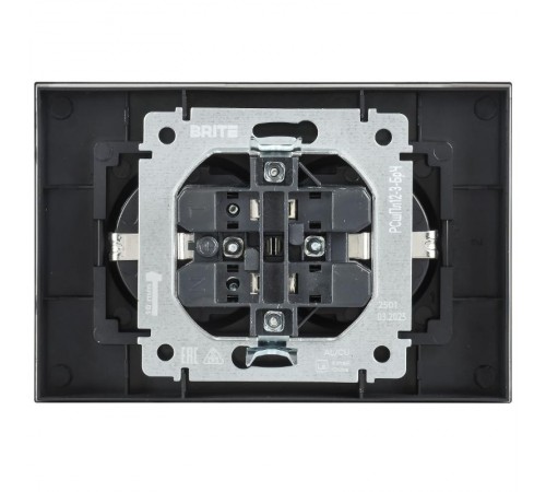 BRITE Розетка 2-местная с заземлением с защитными шторками плоская 16А в сборе РСшПл12-3-БрЧ черный   BR-R28-16-K02-F  IEK