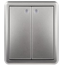 Выключатель Эксперт 11-1205-03 двойной с подсветкой IP20 10АХ-250В ОУ Алюминий  Б0063001  ЭРА