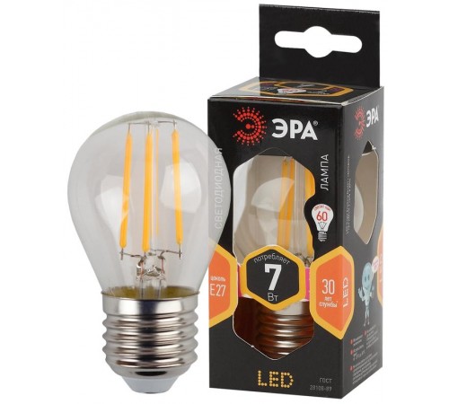 Лампа светодиодная F-LED P45-7W-827-E27 7Вт филамент шар теплый белый свет  Б0035591  ЭРА