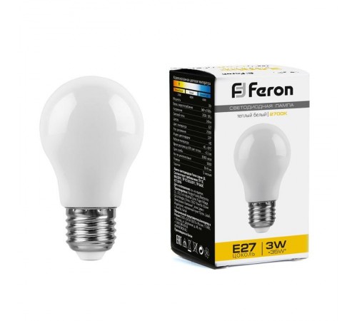 Лампа светодиодная, (3W) 230V E27 2700K A50, LB-375  38266  FERON
