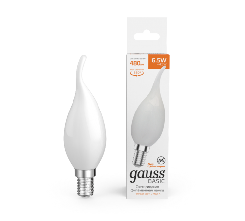 Лампа светодиодная   Basic Filament Свеча на ветру 6,5W 480lm 2700К Е14 milky  LED 1/10/50  1045117  Gauss