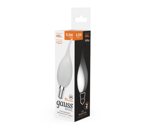 Лампа светодиодная   Basic Filament Свеча на ветру 6,5W 480lm 2700К Е14 milky  LED 1/10/50  1045117  Gauss