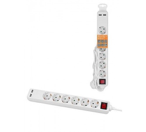 Удлинитель бытовой У06В-USB 6 гнезд, 2USB 2,4А, 1,5 м, вык., з/к, ПВС 3х0,75мм2 10А/250В белый  SQ1303-0306  TDM
