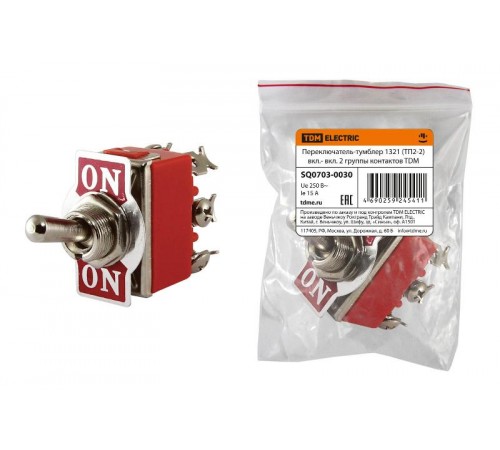 Переключатель-тумблер 1321 (ТП2-2) вкл.- вкл. 2 группы контактов  SQ0703-0030  TDM