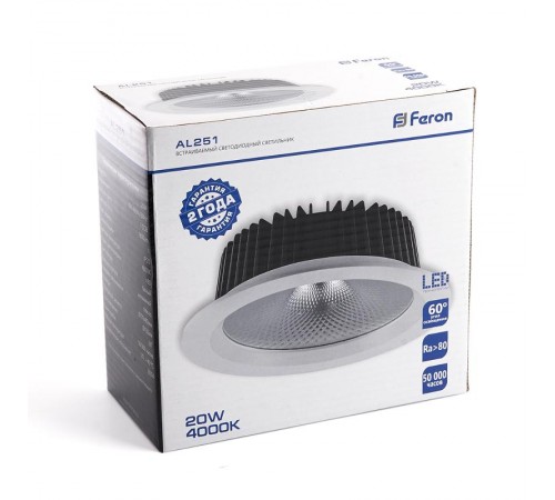 Светильник светодиодный встраиваемый AL251, 20W, 1800Lm, 4000K, 60 градусов, белый  32616  FERON
