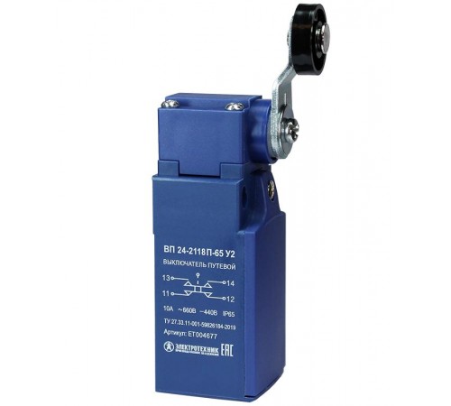 ВП 24-2118П-65 У2, рычаг с пластиковым роликом, 1з+1р, безинерционный, 20 мм, без сальника, 3А, IP65, выключатель путевой  ET004677  Электротехник