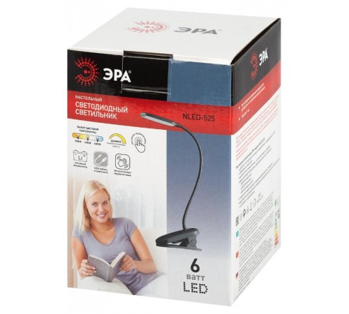 Настольный светильник  NLED-525-6W-BK светодиодный аккумуляторный на прищепке черный  Б0068549  ЭРА